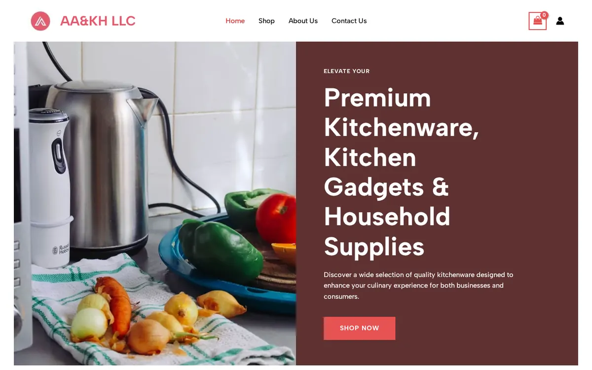 AA&KH LLC kitchenware and household supplies e-commerce store — homepage showing premium kitchen products.