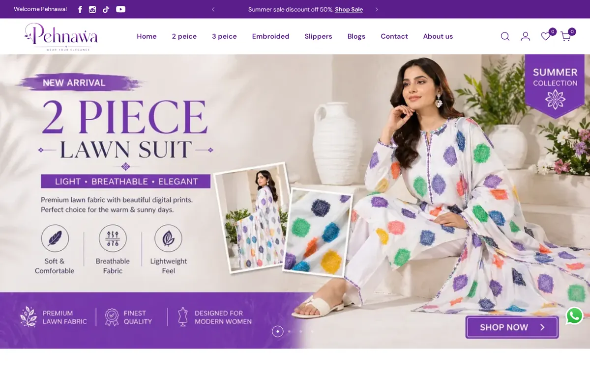Pehnawa fashion and clothing e-commerce store — homepage showing lawn suit collection.