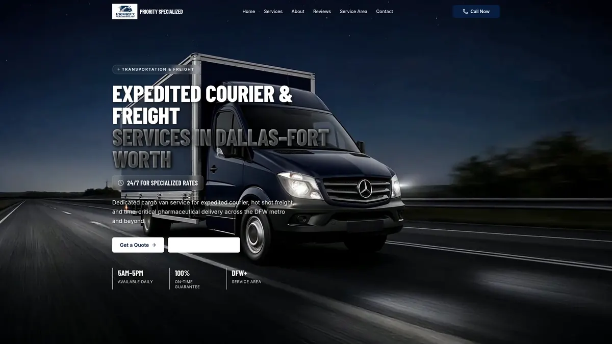 Priority Specialized logistics company website — homepage showing trucking services in Dallas–Fort Worth.
