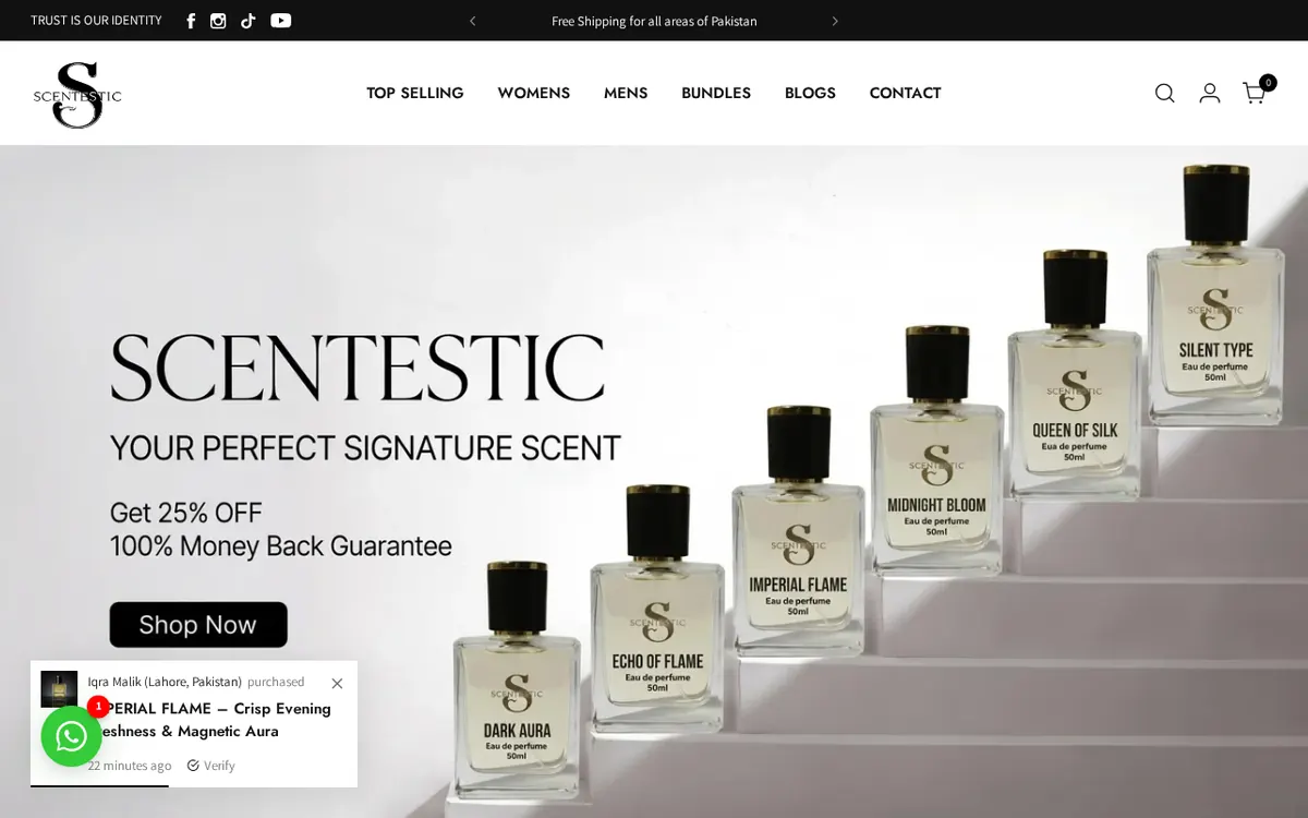 Scentestic perfumes and fragrances e-commerce store — homepage showing premium perfume collection.