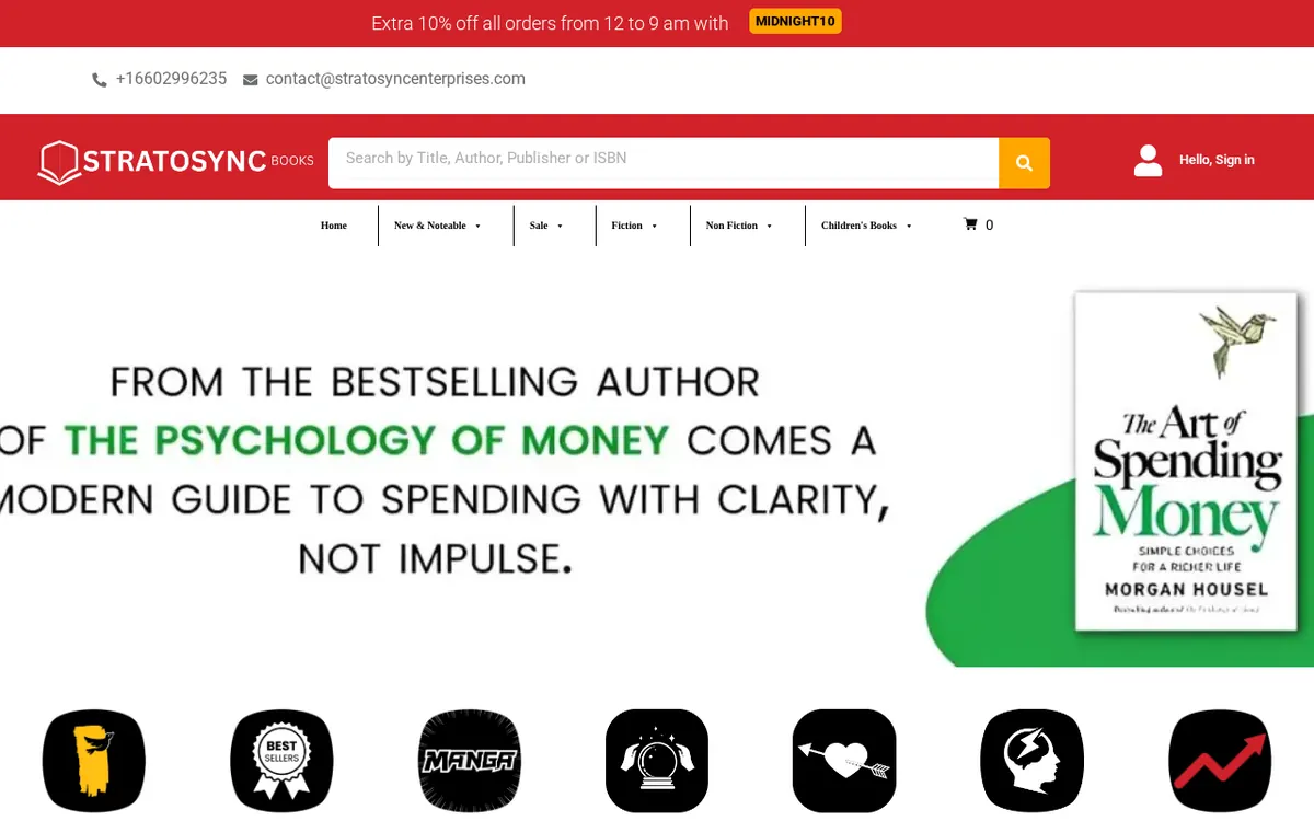 Stratosync Enterprises online bookstore — homepage showing book categories and promotions.